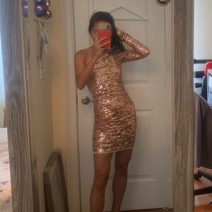 BCBG Maxazria Lyn copper one shoulder sequined dress